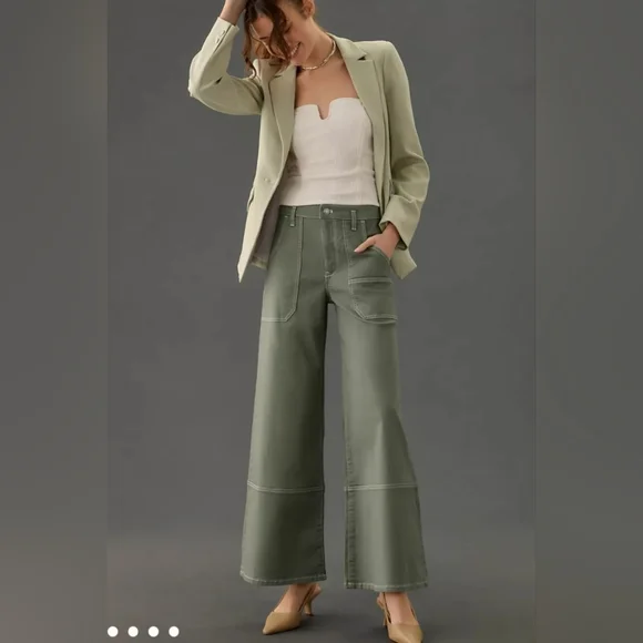 Maeve Stitched Olive Green High Rise Wide Leg Jeans Size 25 - Picture 9 of 10